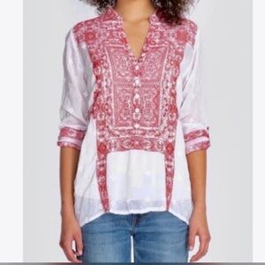 Johnny Was Whisper Embroidered White Red Tunic Blouse Top Small S Cupra Rayon